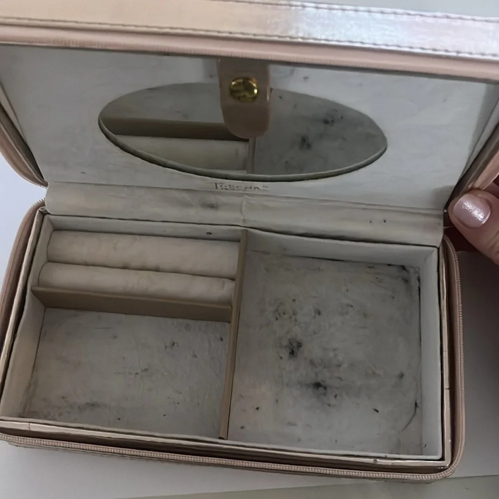 rose gold light copper zip around jewelry box with mirror and secret compartment